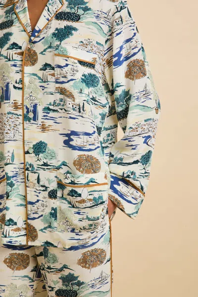 Olivia Von Halle Yves Cadaqués Cream Landscape Pyjamas In Silk Crêpe De Chine In White
