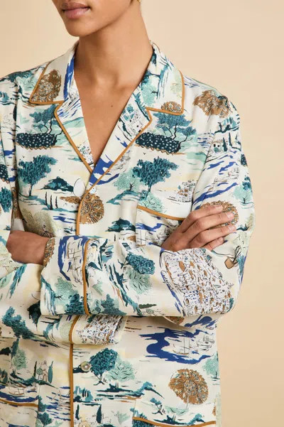 Olivia Von Halle Yves Cadaqués Cream Landscape Pyjamas In Silk Crêpe De Chine In White