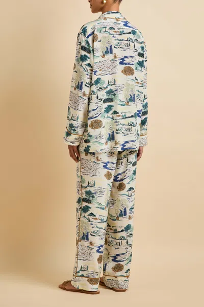 Olivia Von Halle Yves Cadaqués Cream Landscape Pyjamas In Silk Crêpe De Chine In White