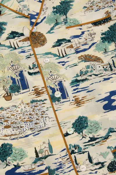 Olivia Von Halle Yves Cadaqués Cream Landscape Pyjamas In Silk Crêpe De Chine In White