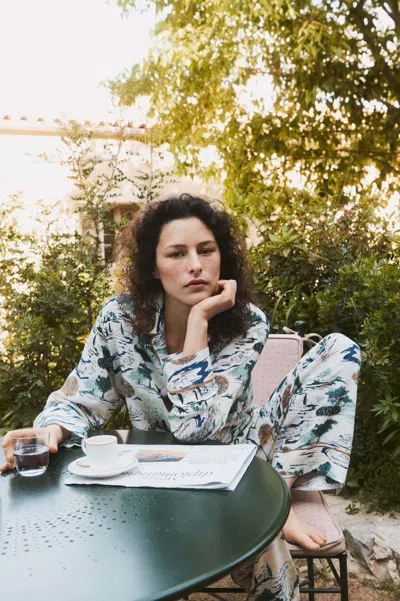Olivia Von Halle Yves Cadaqués Cream Landscape Pyjamas In Silk Crêpe De Chine In White