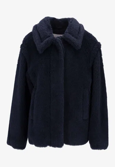 Max Mara Alpaca Wool Jacket Collared Design Front Pockets In Blue