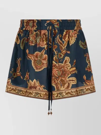 Zimmermann Aster Shorts Elastic Waistband Floral Trim Pockets In Blue