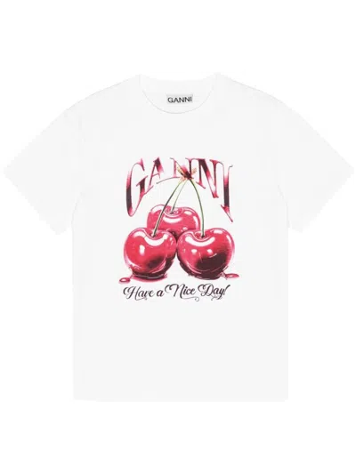Ganni Basic Jersey Cherry Relaxed T-shirt In White