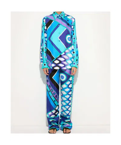 Pucci Vivara Silk Shirt Geometric Pattern In Blue