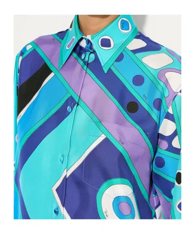 Pucci Vivara Silk Shirt Geometric Pattern In Blue
