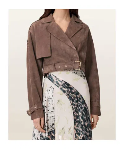 Allsaints Womens Mole Brown Ophelia Dropped-shoulder Belted-waist Suede Jacket Xs In Brown