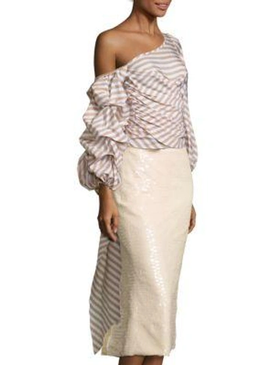 Shop Johanna Ortiz Leticia Striped One-shoulder Wrap Top In Off White-khaki
