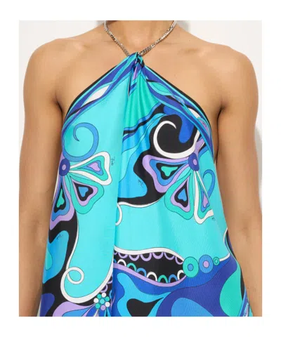 Pucci Orchidee Print Asymmetric Chain Top In Blue