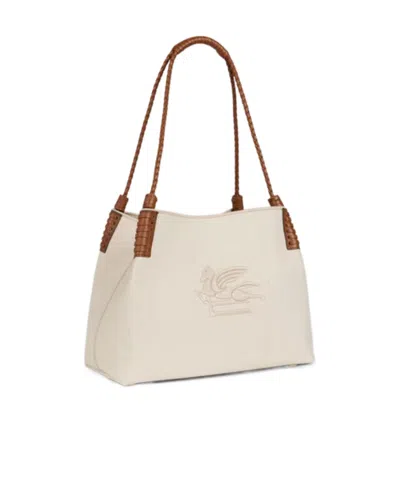 Etro Pegaso Canvas Shoulder Bag In White