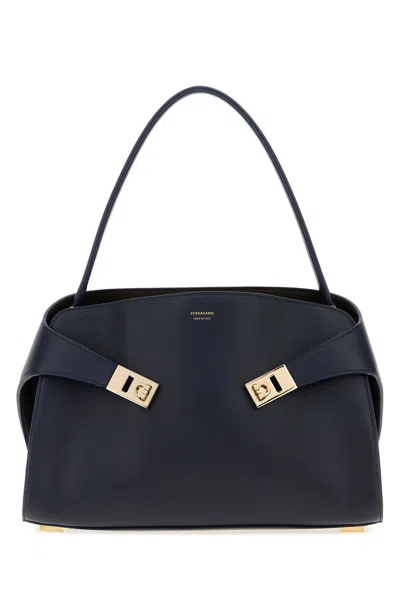 Ferragamo Soft Medium Shoulder Bag Gold Hardware Top Handle In Blue