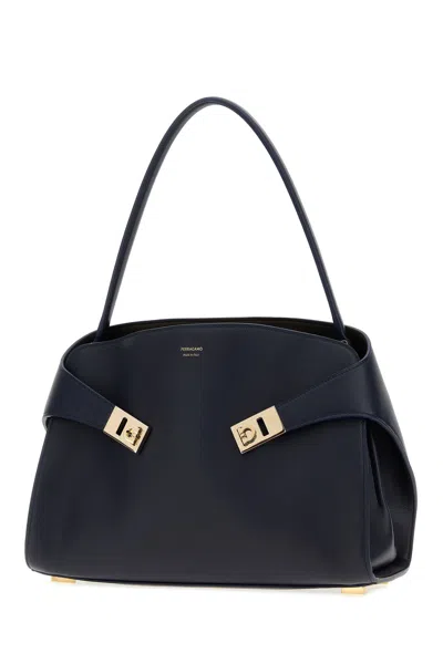 Ferragamo Soft Medium Shoulder Bag Gold Hardware Top Handle In Blue