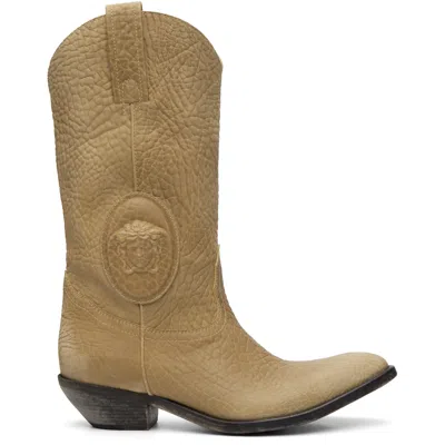 Versace Mid Calf Boots Embossed Detail Pull Tabs In Neutral