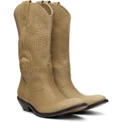 Versace Mid Calf Boots Embossed Detail Pull Tabs In Neutral