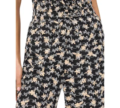 Cece Pull On Printed Eyelet Pants In Black