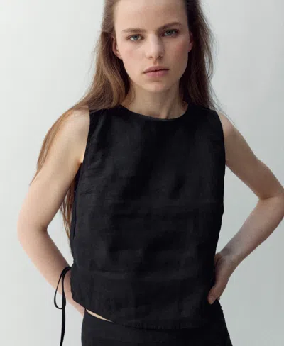 Mango Linen Top With Bows In Black