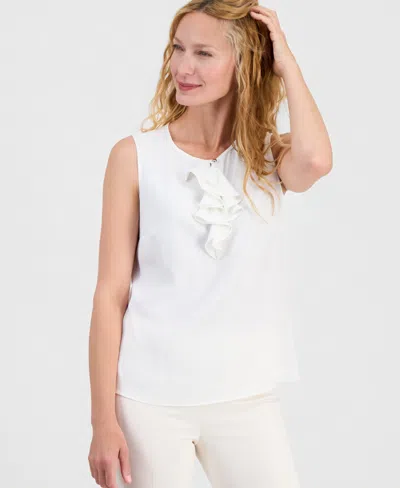 Kasper Ruffle Front Georgette Top In White