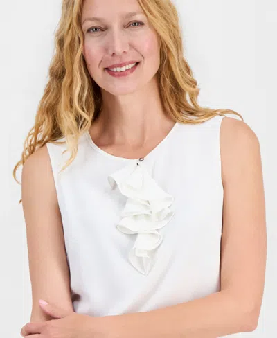Kasper Ruffle Front Georgette Top In White