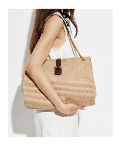 Ferragamo Medium Raffia Shoulder Bag In Neutral
