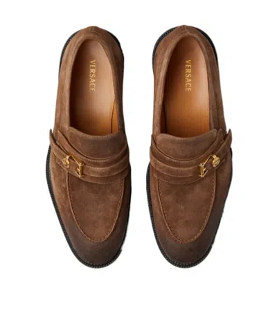 Versace Loafers With Gold Buckle In Brown