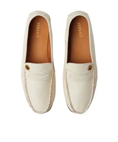 Versace Guanto Leather Loafers In White