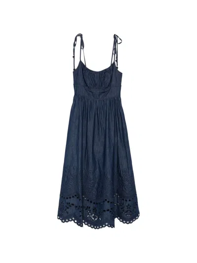 Zimmermann Mohan Broderie Anglaise Trim Denim Midi Dress In Blue