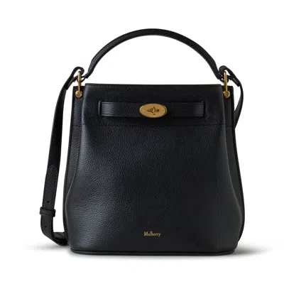 Mulberry Small Islington Black Bucket Bag With Twist Lock Closure In Hammered Leather In Blue