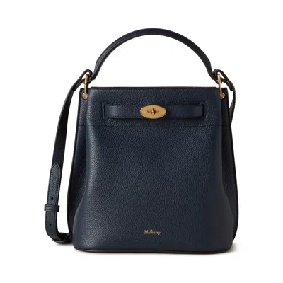 Mulberry Small Islington Black Bucket Bag With Twist Lock Closure In Hammered Leather In Blue