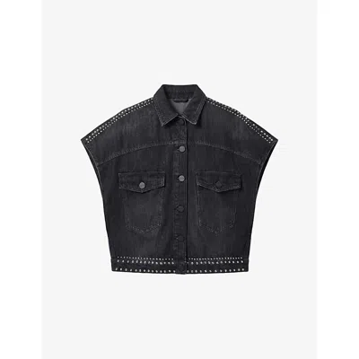 Allsaints Alba Stud Short Sleeve Denim Shirt In Shadow Black