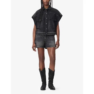 Allsaints Alba Stud Short Sleeve Denim Shirt In Shadow Black