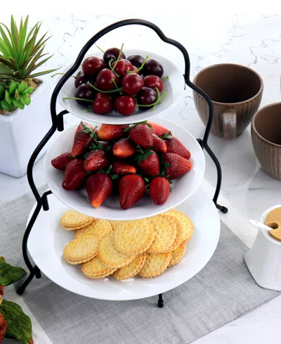 Elama 3 Tier Round Plate Porcelain Serveware Set In White