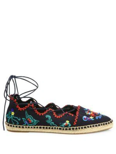 Shop Tory Burch Sonoma Embroidered Lace-up Espadrille Flats In Tory Navy