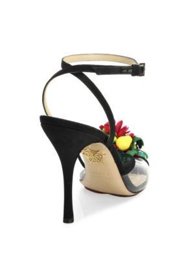 Shop Charlotte Olympia Tropicana Embellished Satin & Pvc Peep-toe Sandals In Black-multi