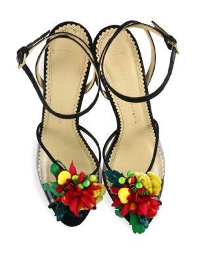 Shop Charlotte Olympia Tropicana Embellished Satin & Pvc Peep-toe Sandals In Black-multi