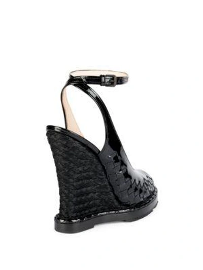 Shop Bottega Veneta Patent Leather Peep-toe Espadrille Wedge Sandals In Black