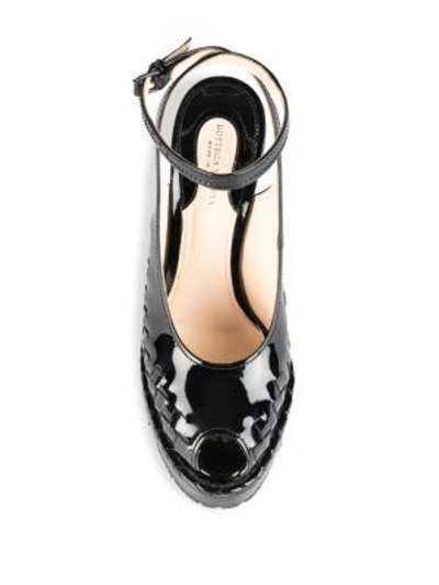 Shop Bottega Veneta Patent Leather Peep-toe Espadrille Wedge Sandals In Black