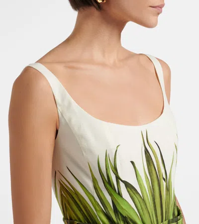 Oscar De La Renta Palm Leaves Print Cotton Stretch Poplin Midi Dress In White