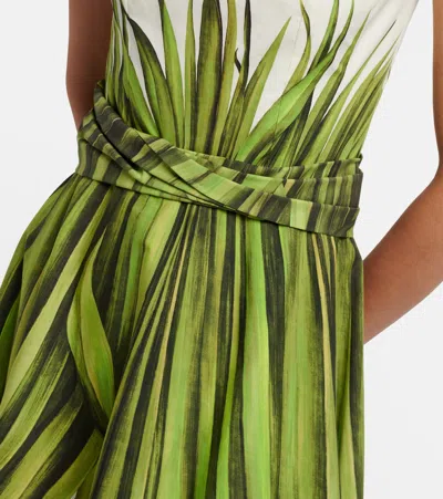 Oscar De La Renta Palm Leaves Print Cotton Stretch Poplin Midi Dress In White