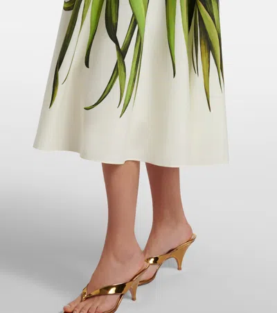 Oscar De La Renta Palm Leaves Print Cotton Stretch Poplin Midi Dress In White