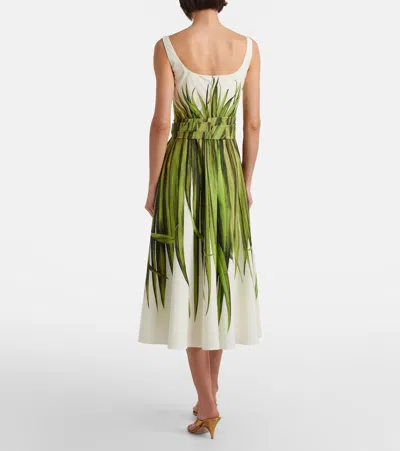 Oscar De La Renta Palm Leaves Print Cotton Stretch Poplin Midi Dress In White