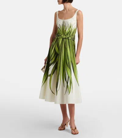 Oscar De La Renta Palm Leaves Print Cotton Stretch Poplin Midi Dress In White