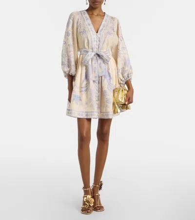 Zimmermann Womens Indra Plunge Linen Mini Dress Cream Lilac Floral In Yellow