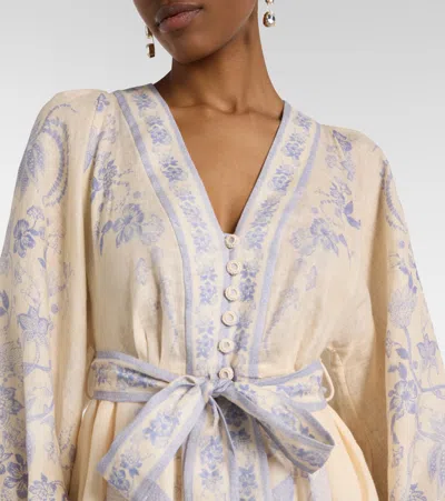 Zimmermann Womens Indra Plunge Linen Mini Dress Cream Lilac Floral In Yellow