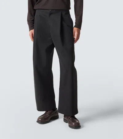 Studio Nicholson Peached Pleated Wide-leg Cotton-twill Trousers In Black
