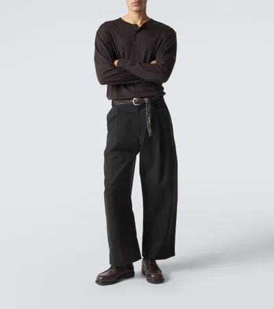 Studio Nicholson Peached Pleated Wide-leg Cotton-twill Trousers In Black