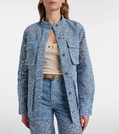 Veronica Beard Lane Sheer Floral Denim Jacket In Blue