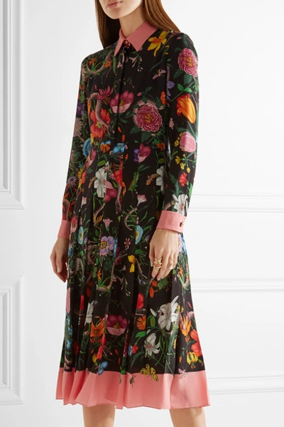 Shop Gucci Pleated Printed Silk Crepe De Chine Dress