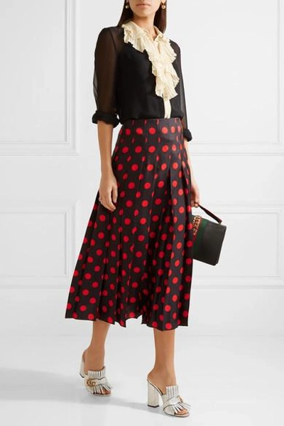 Shop Gucci Pleated Polka-dot Silk-satin Twill Midi Skirt In Black