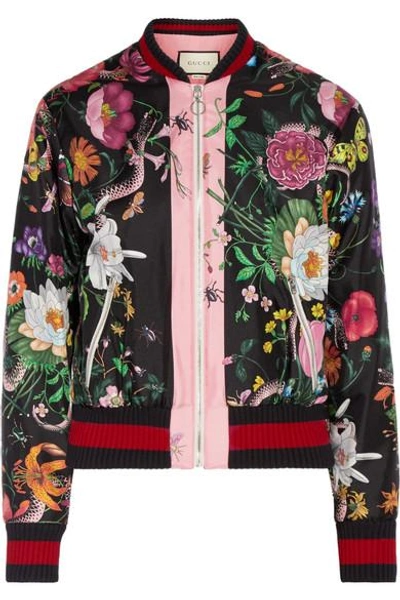 Gucci Printed Silk-satin Bomber Jacket In Black | ModeSens