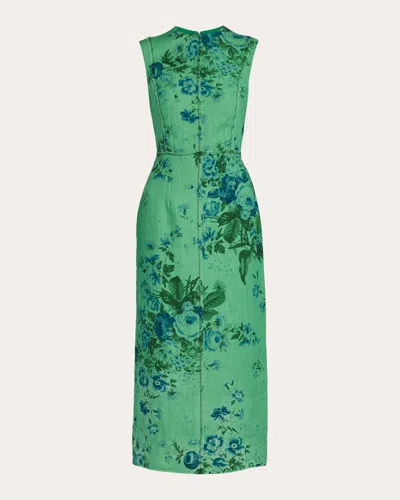 Erdem Floral Print Sleeveless Linen Midi Pencil Dress In Green